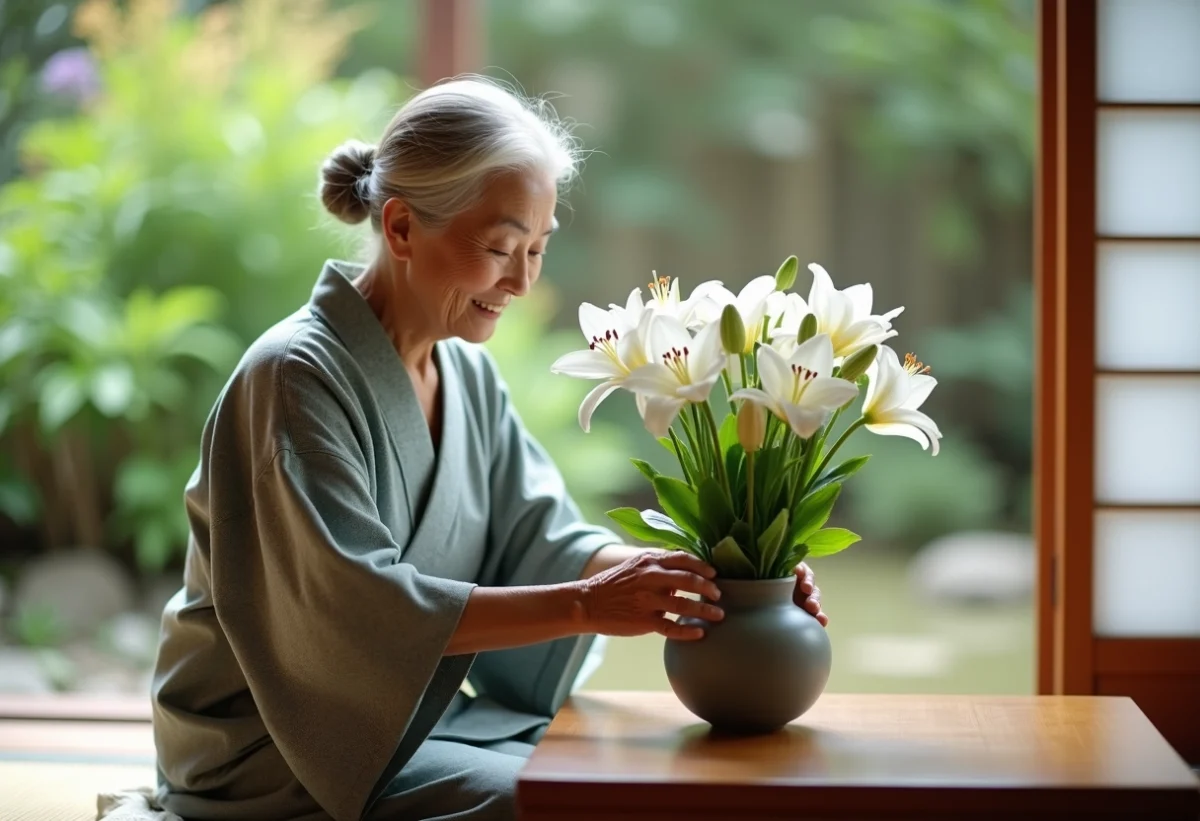 Femme japonaise âgée arrangeant des lys blancs dans un vase