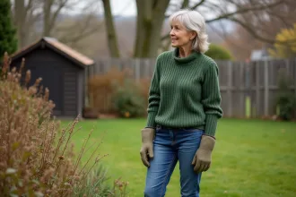 Femme en jardin automnal observant la pelouse