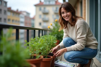 Femme souriante plantant des herbes sur un balcon urbain