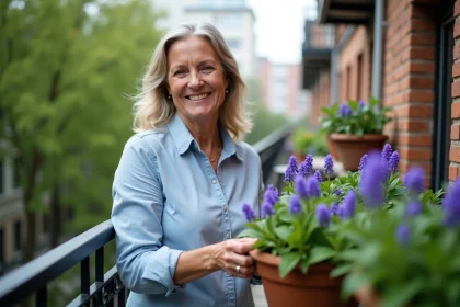 Femme en chemise bleue cultivant des violettes sur un balcon