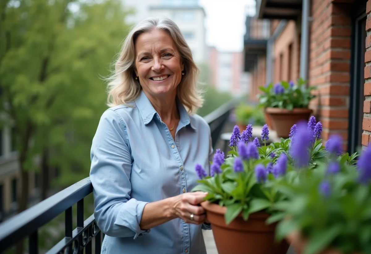 Femme en chemise bleue cultivant des violettes sur un balcon