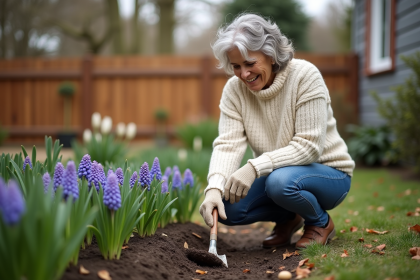Femme en jardinage avec hyacinth bulbs dans un jardin