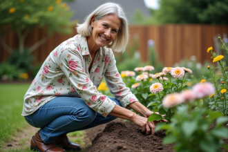 Femme d'âge moyen dans son jardin en fleurs