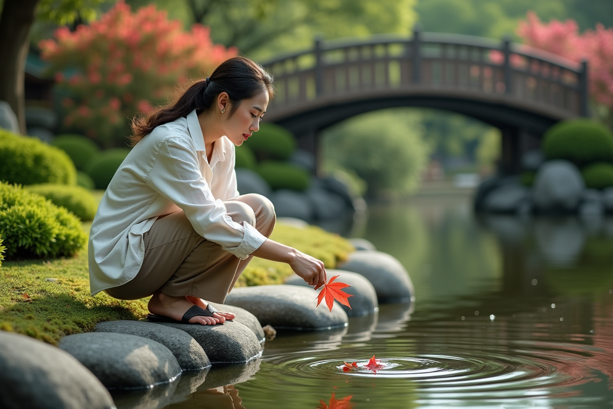 Femme en jardin japonais posant une feuille rouge sur l'eau