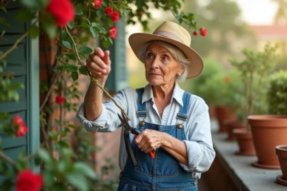 Femme en tenue de jardinage taillant un bougainvillea au balcon