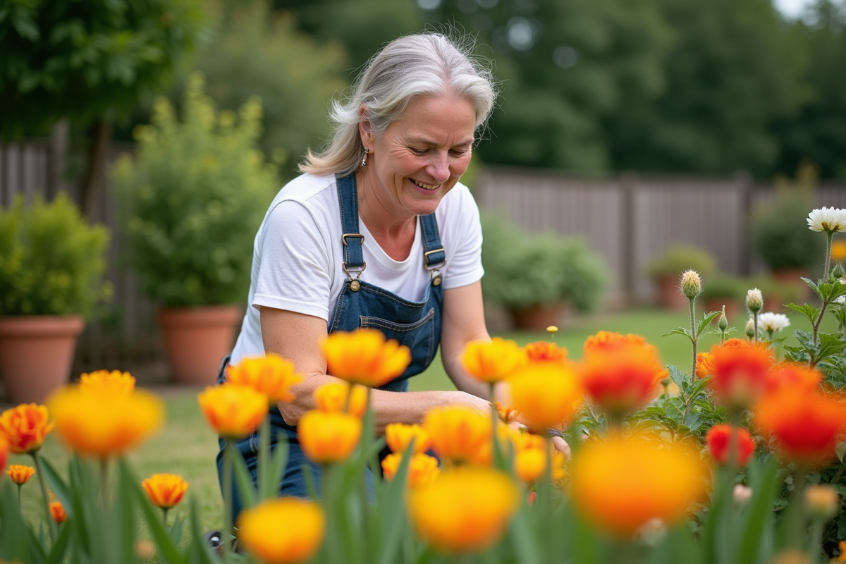 Femme d'âge moyen en tenue d'été jardinant dans son jardin fleuri