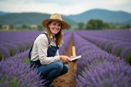 Femme en vêtements durables mesurant la lavande