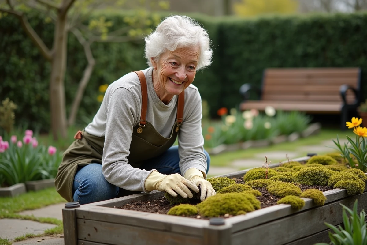 Femme âgée examinant la mousse dans un jardin fleuri