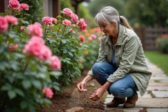 Femme jardinant autour de rosiers en fleurs dans le jardin