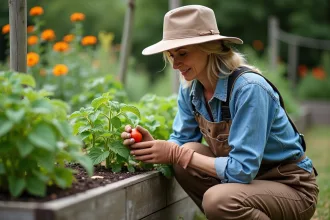 Femme en jardinage examine une feuille de tomate