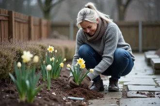 Femme plantant tulipes et daffodils dans le jardin en hiver