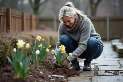 Femme plantant tulipes et daffodils dans le jardin en hiver