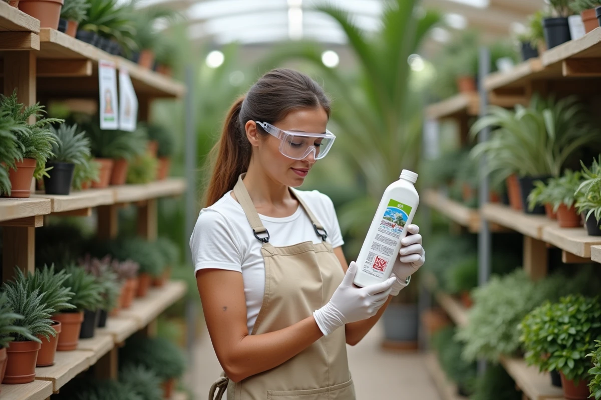 Femme jardinière lisant attentivement l'étiquette d'un insecticide chimique pour traiter le papillon du palmier en pépinière