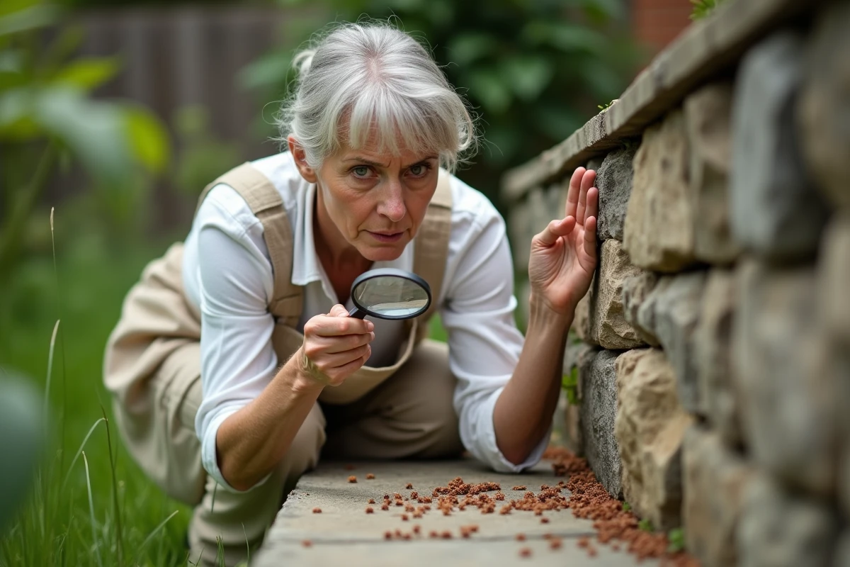 Femme observant des acariens rouges sur un mur de pierre avec une loupe dans son jardin