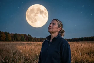 Femme observant la pleine lune de septembre dans un champ nocturne, ciel étoilé visible à l'horizon
