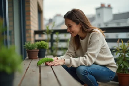 Femme regarde un chenille verte sur un balcon urbain