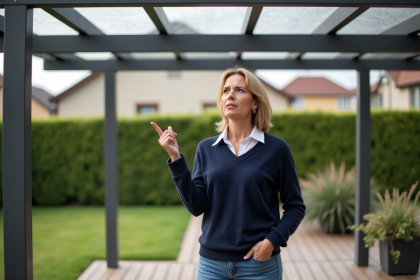 Femme regardant la pergola rouillée dans le jardin