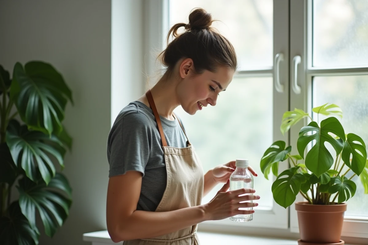 Femme posant un piège à moucherons fait maison avec une bouteille en plastique recyclée près d'une plante d'intérieur sur un rebord de fenêtre