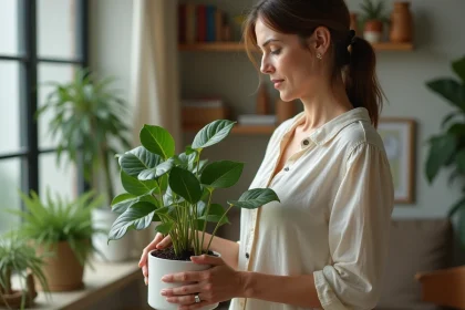 Femme arrosant un ficus dans un salon cosy