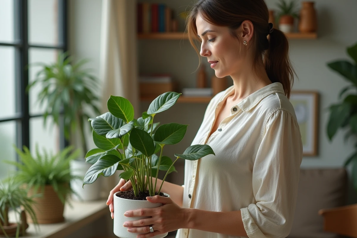 Femme arrosant un ficus dans un salon cosy