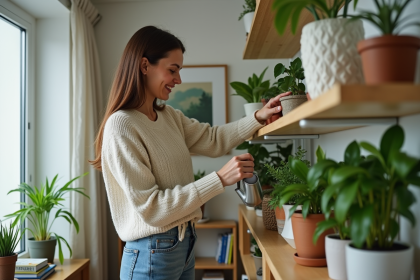 Femme souriante arrosant des plantes d'intérieur dans un salon cosy