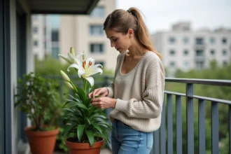 Femme en jeans prunant un lys sur un balcon urbain