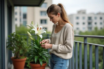Femme en jeans prunant un lys sur un balcon urbain