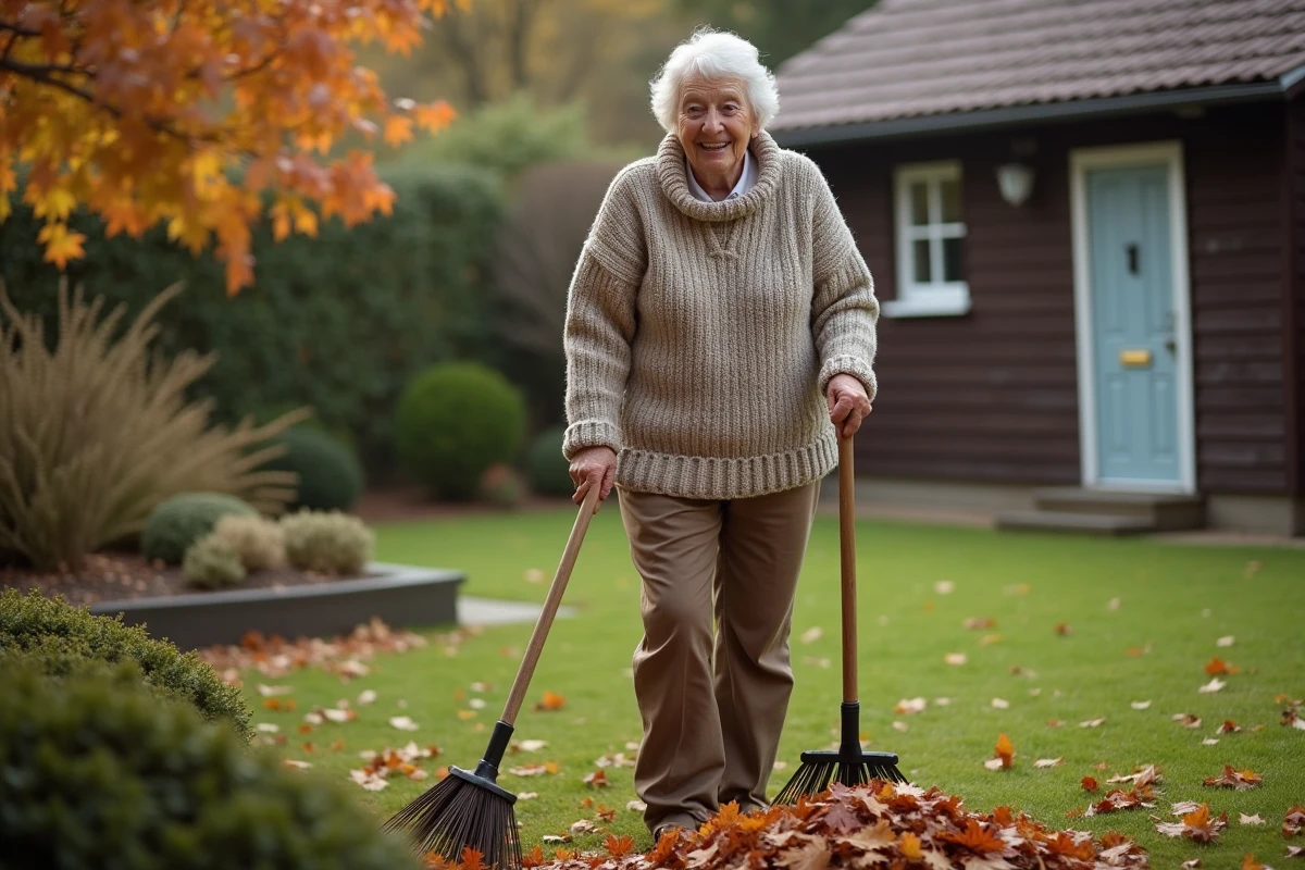 Femme âgée souriante ramassant des feuilles d