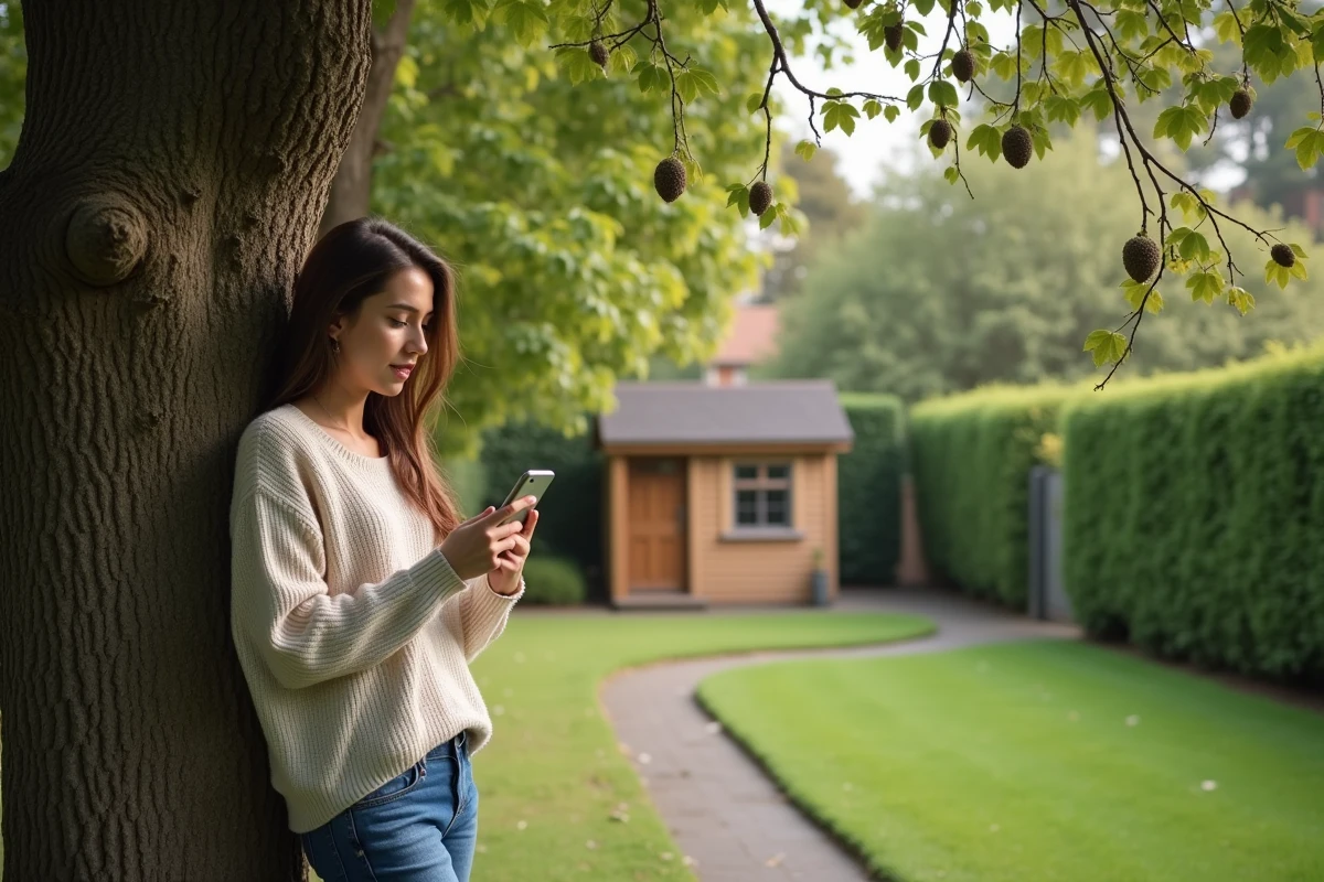 Jeune femme cherchant des galles de chêne sur une branche