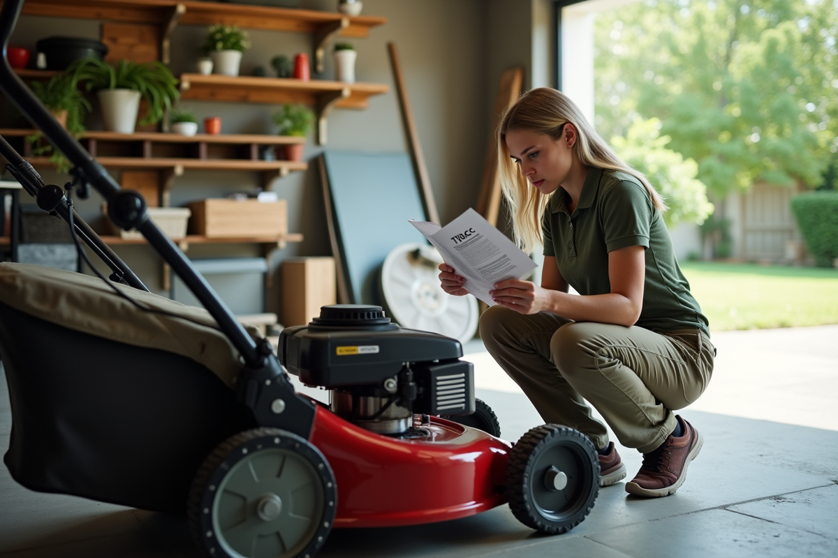 Jeune femme inspectant une tondeuse 170cc dans un garage