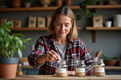 Femme versant des graines dans des bocaux en cuisine