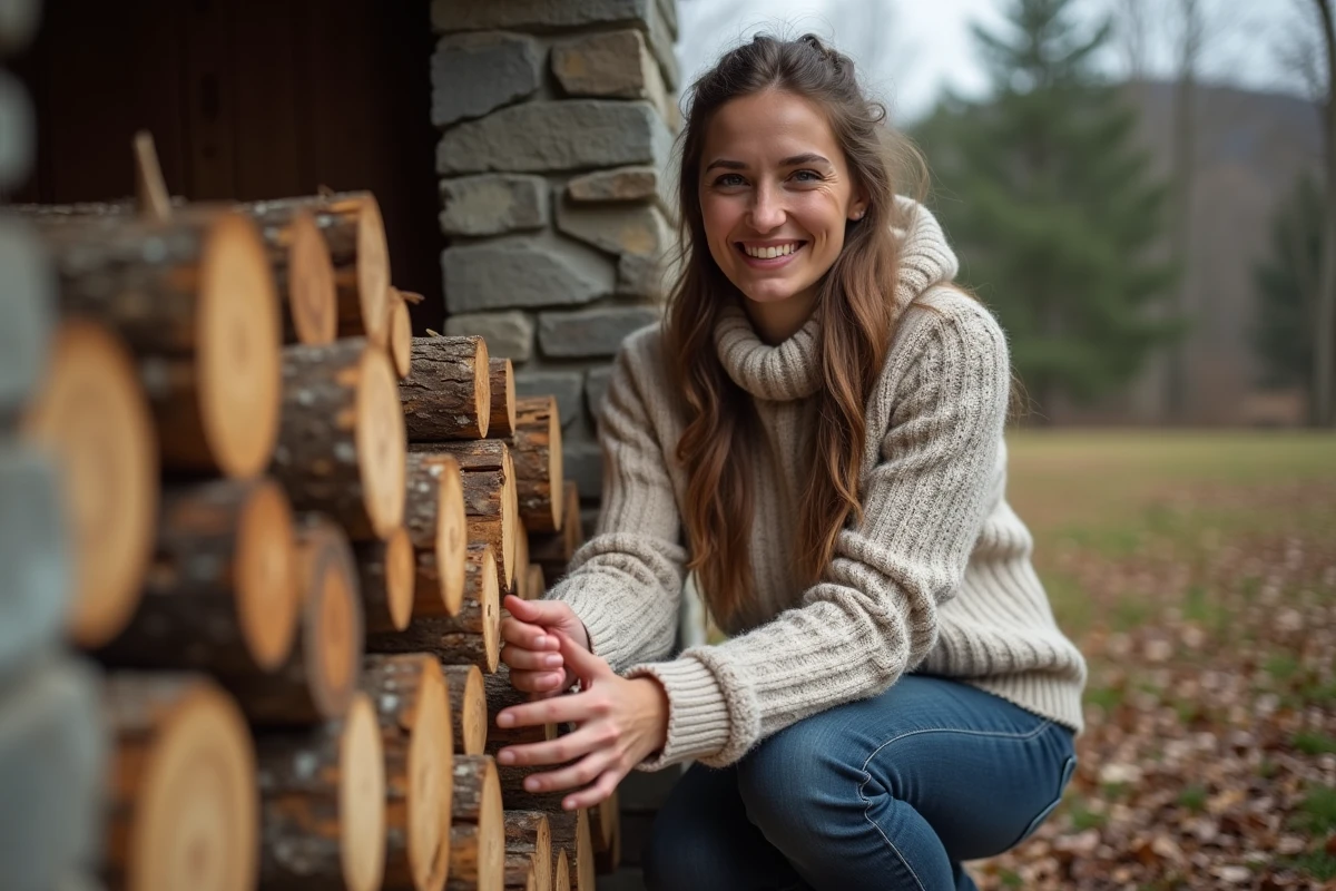 Femme souriante empilant du bois devant maison rurale