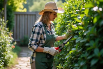 Femme taillant un laurier dans un jardin calme