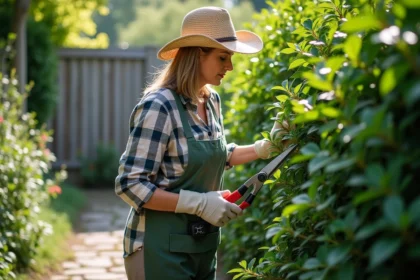 Femme taillant un laurier dans un jardin calme
