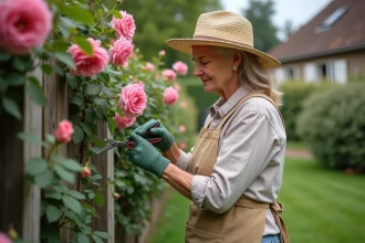 Femme âgée taillant des rosiers avec soin dans le jardin