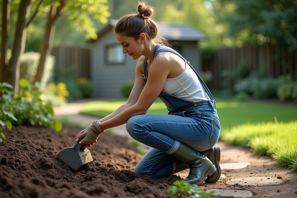 Femme compactant la terre dans un jardin avec un tamper