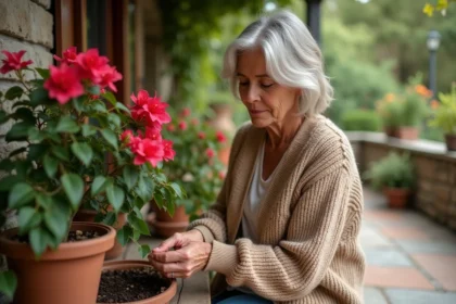 Femme en sweater soignant un bougainvillea sur une terrasse