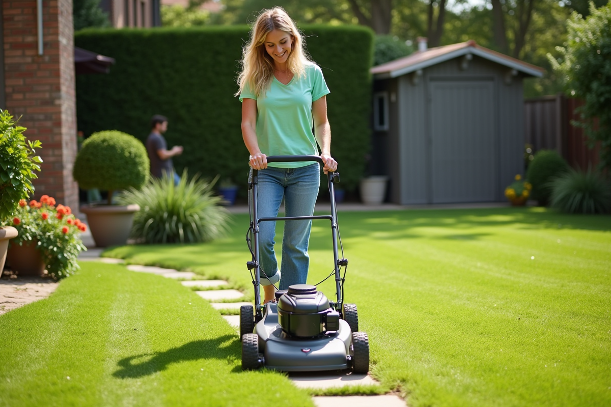 Femme poussant une tondeuse dans le jardin