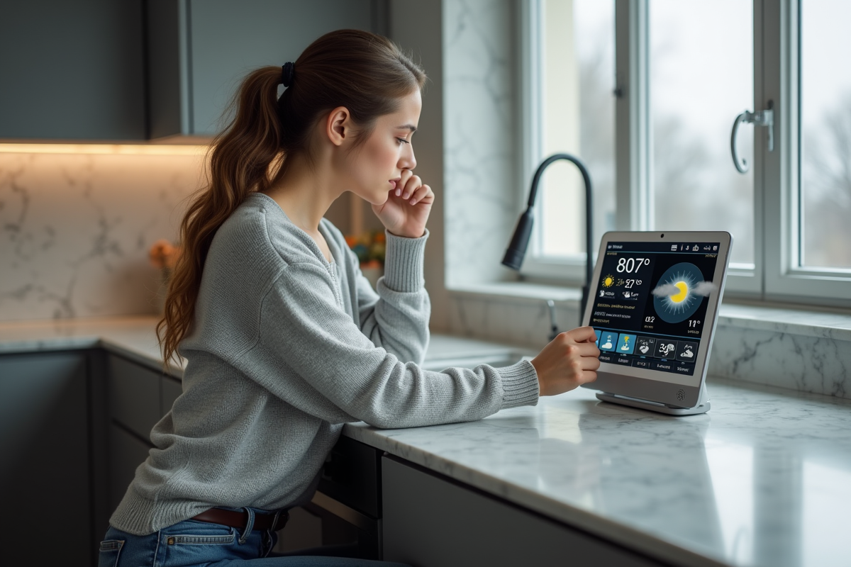 Femme regardant une station météo connectée en cuisine