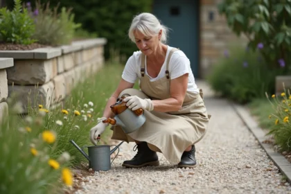 Femme versant du vinaigre blanc dans un arrosoir pour désherber une allée de graviers dans un jardin
