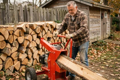 Homme utilisant une fendeuse de bois électrique dans un jardin rural en automne