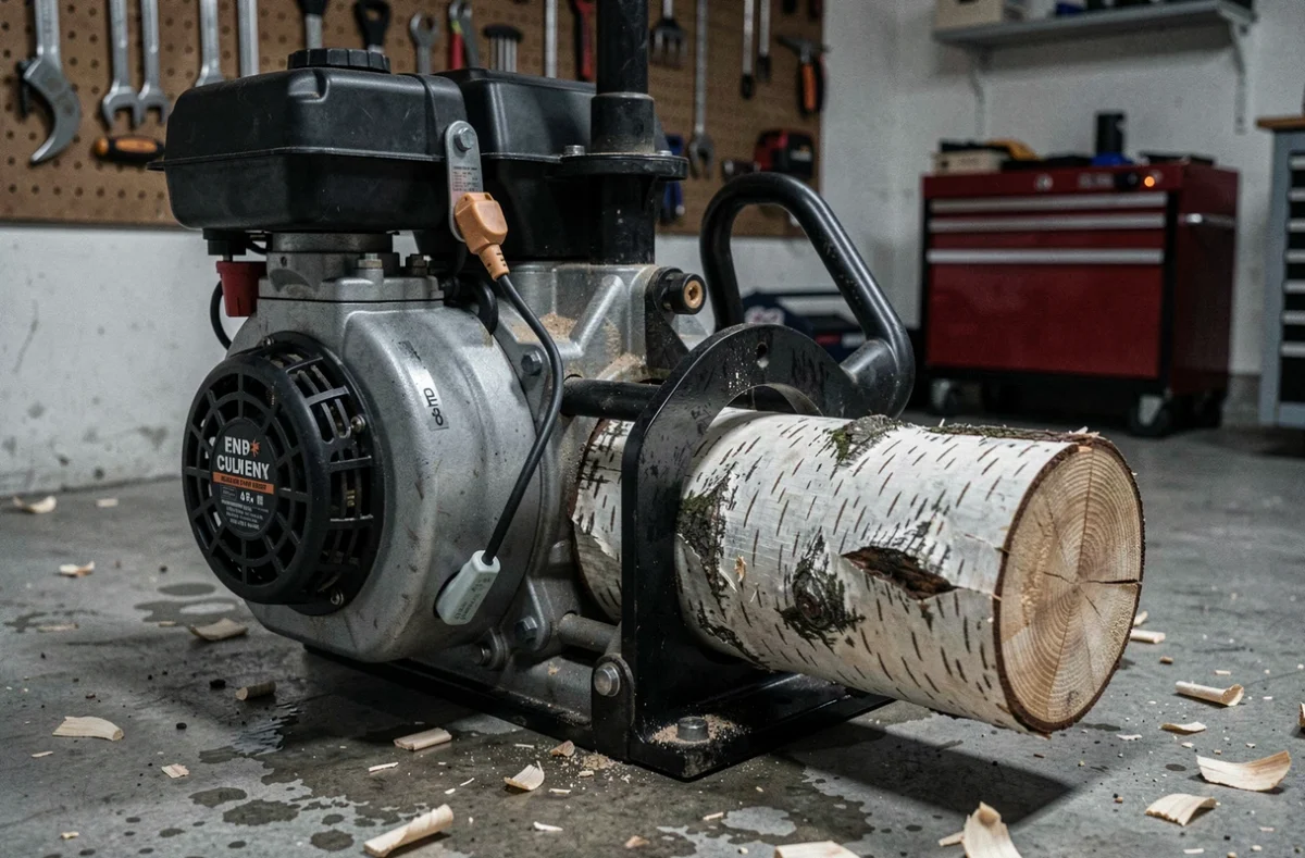 Fendeuse de bois thermique en gros plan dans un garage avec un rondin de bouleau