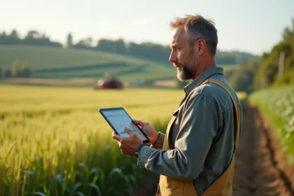 Fermeur avec tablette analysant le sol dans un champ de blé