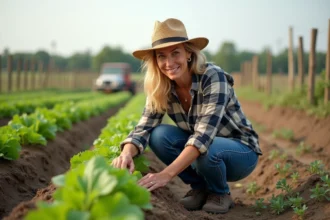 Fermière inspectant des jeunes plants dans un champ en plein air
