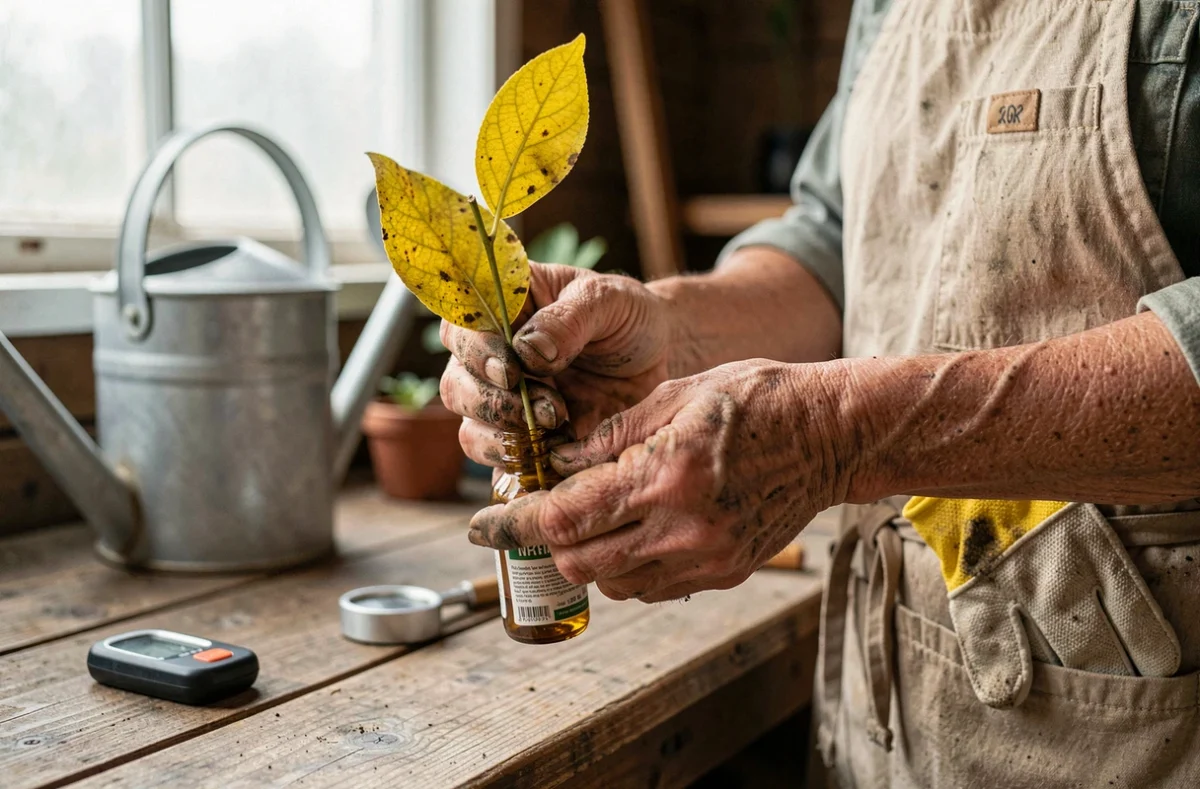 Jardinière tenant une feuille de citronnier jaunie et un engrais liquide pour diagnostiquer une carence