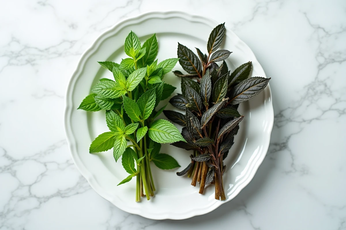 Comparaison entre des feuilles de menthe fraîches et des feuilles de menthe noircies sur une assiette blanche