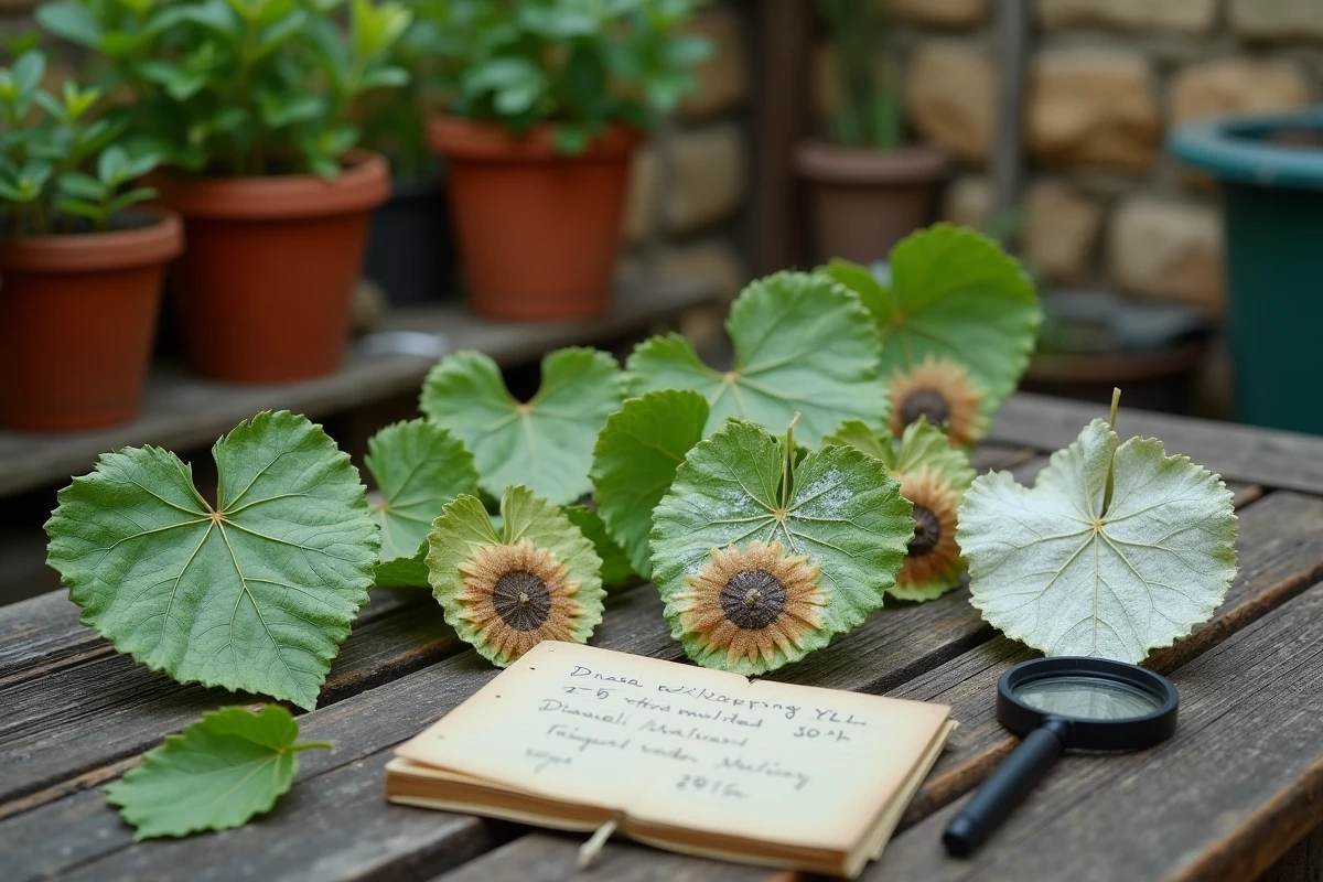 Feuilles de mûrier platane malades présentant de l'oïdium et des taches brunes fongiques disposées sur une table en bois pour comparaison