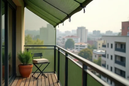 Filet camouflage vert sur un balcon urbain moderne avec vue sur les toits de la ville et plantes en pot