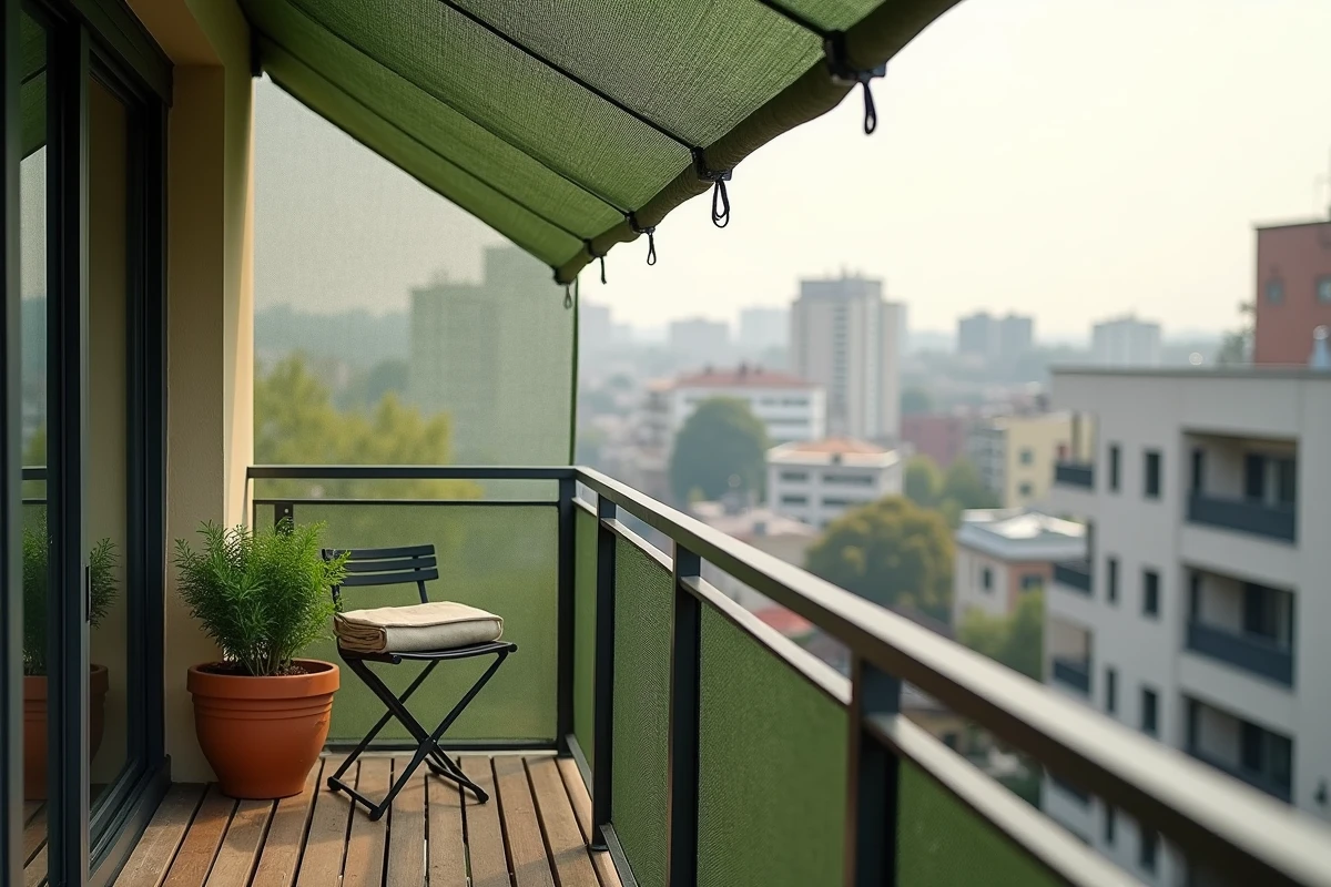 Filet camouflage vert sur un balcon urbain moderne avec vue sur les toits de la ville et plantes en pot