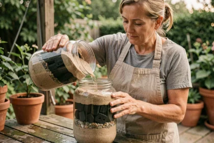 Femme filtrant de l'eau de pluie naturellement avec un système maison en sable, gravier et charbon actif dans un jardin